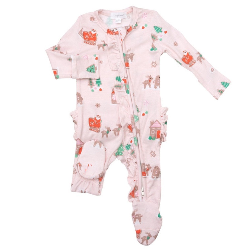 Angel Dear Christmas 2 Way Ruffle Zipper Footie - Gingerbread Sleigh Pink, 3-6M
